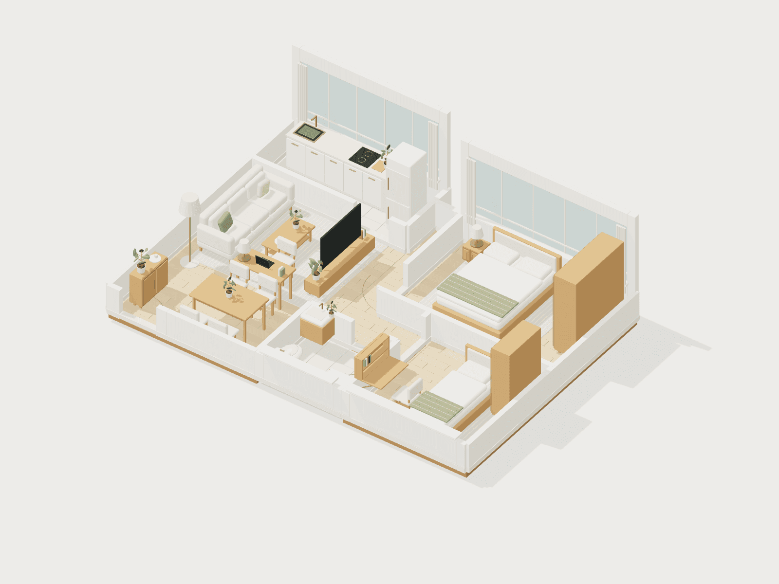 A ReNest 3D apartment layout combining existing furniture with flexible workspaces
