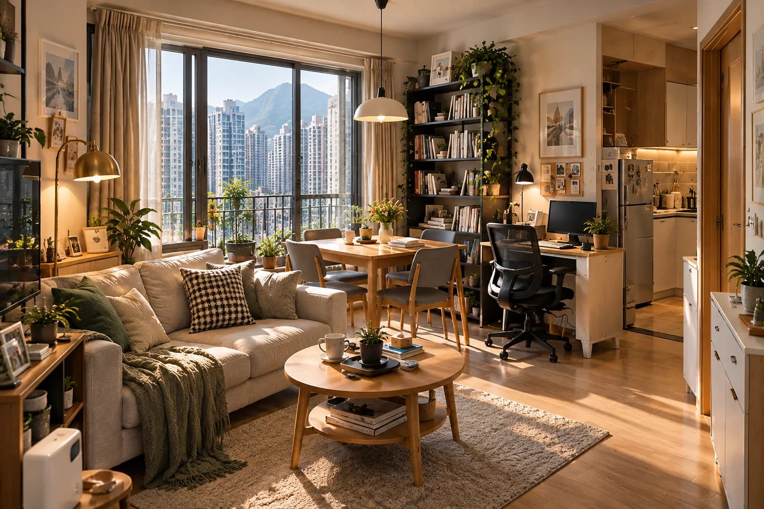 A lived-in home with a familiar sofa, coffee table and dining corner